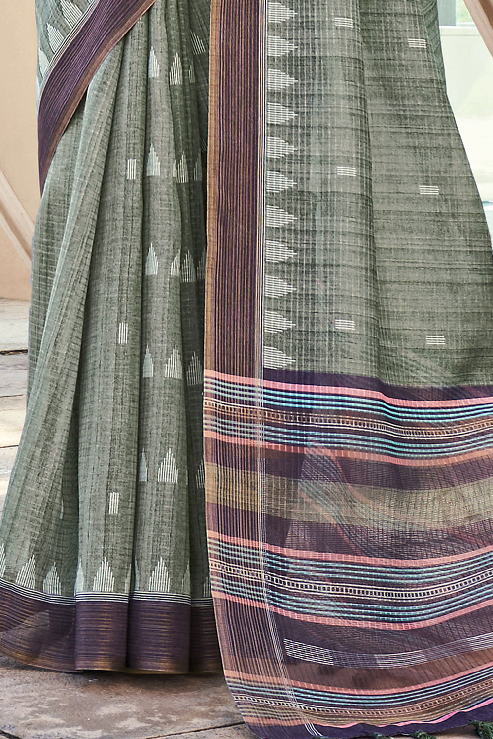 Rust Green Printed Cotton Silk Saree By Designer Blouse