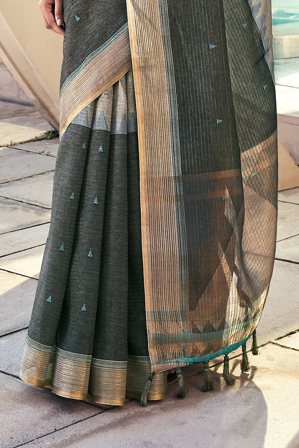 Drak Green Printed Cotton Silk Saree By Designer Blouse