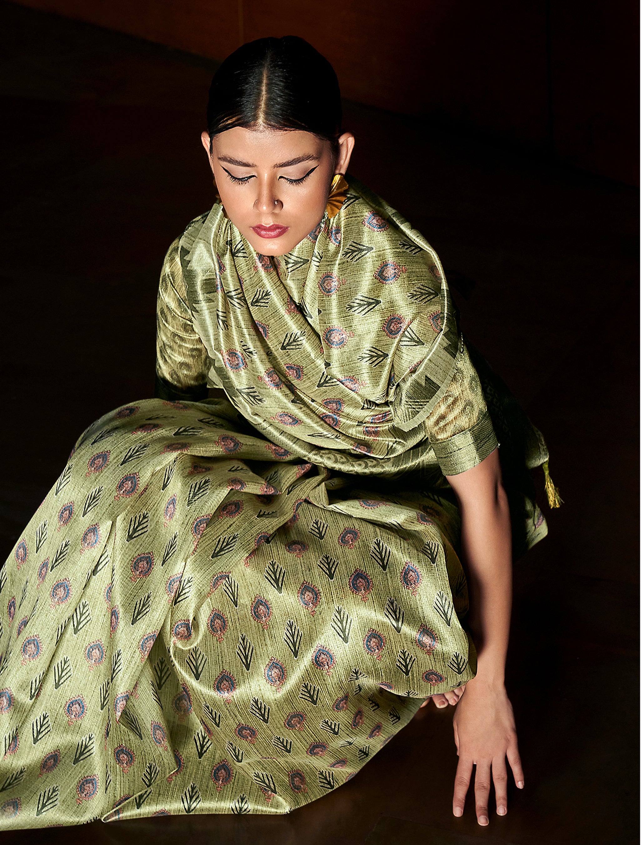 Olive Green Digital Printed Handloom Silk Saree By Shangrila