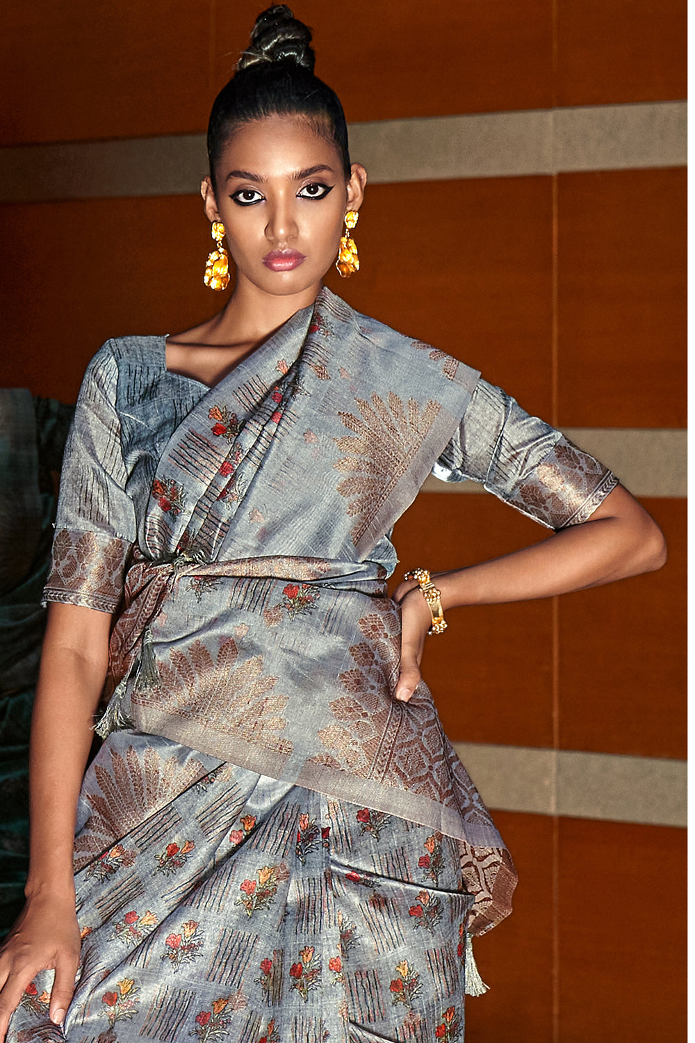 Grey Digital Printed Handloom Silk Saree By Shangrila Designer Saree