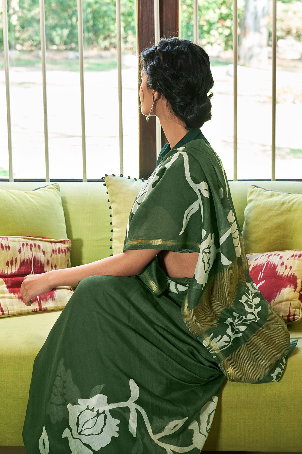 Green handloom zari printed cotton saree