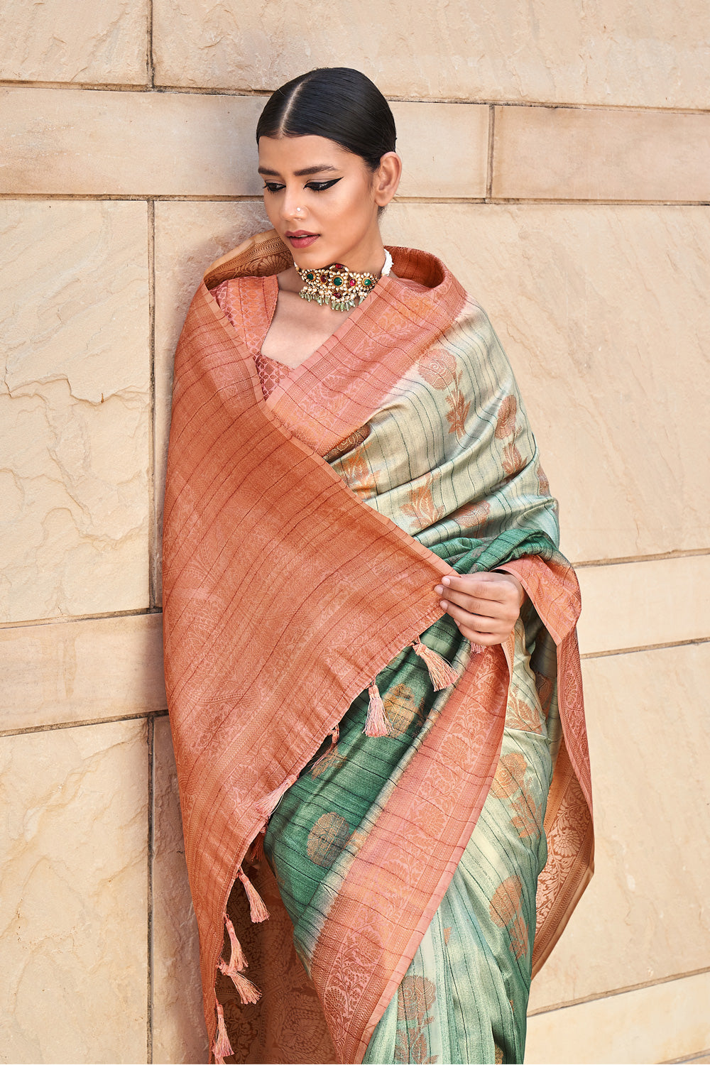 Green Digital Printed  Silk Saree  With  Blouse Piece  By Shangrila Designer