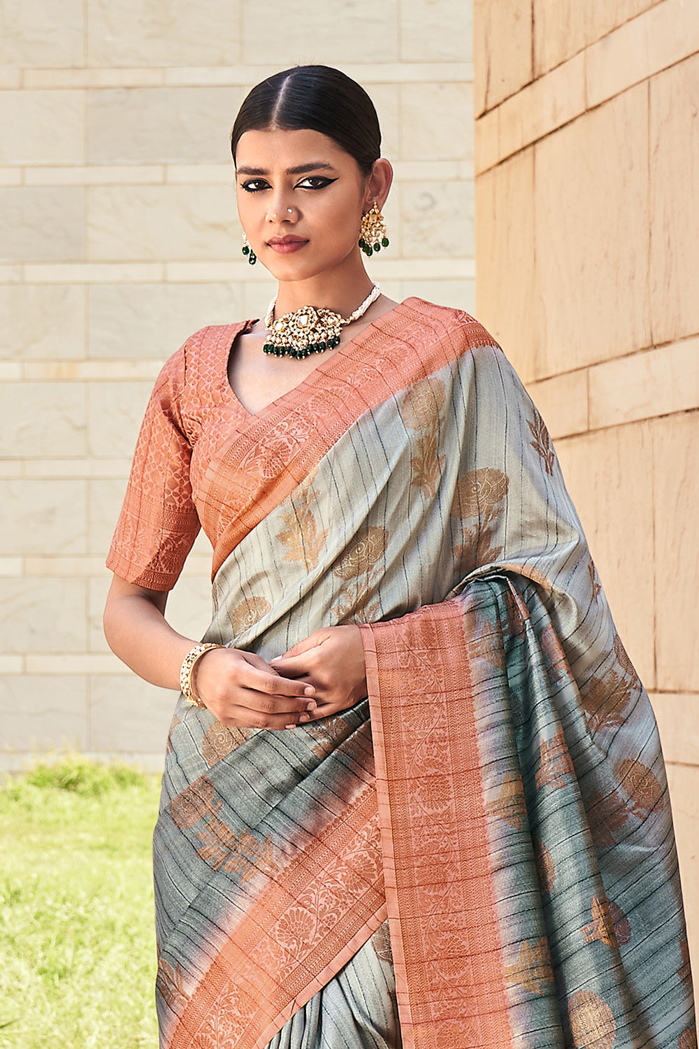 Grey Digital Printed  Silk Saree  With  Blouse Piece By Shangrila Designer