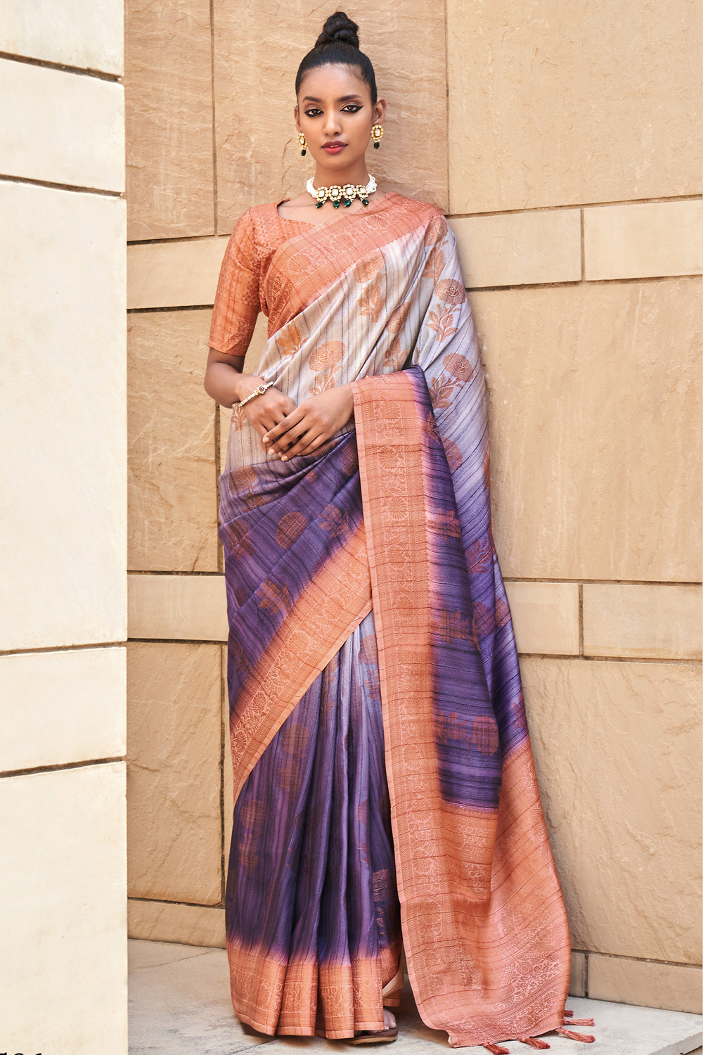 Purple Digital Printed  Silk Saree   With  Blouse Piece By Shangrila Designer