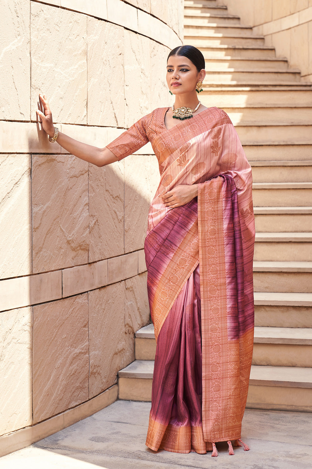 Pink Digital Printed  Silk Saree  With  Blouse Piece By Shangrila Designer