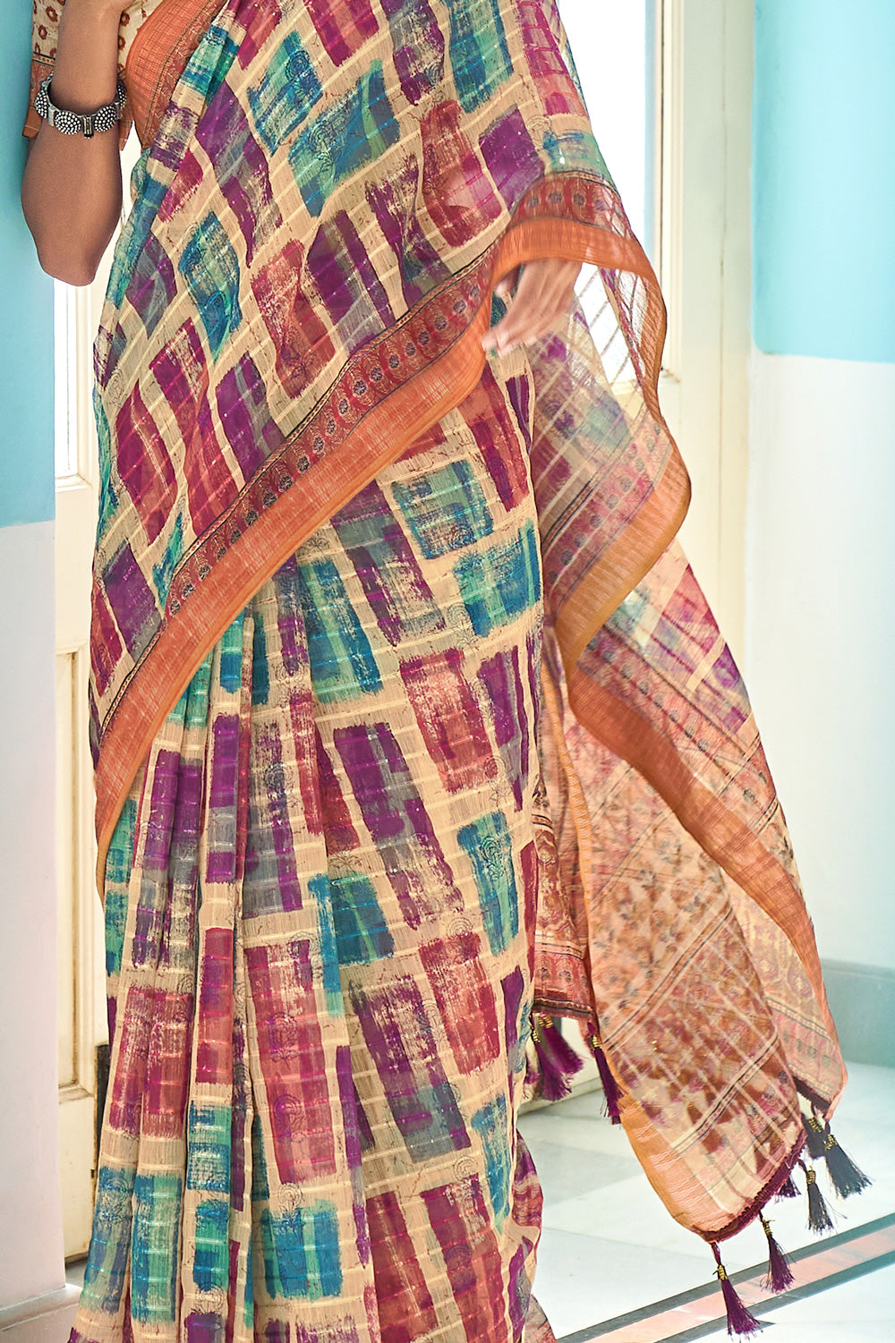 Multicolor Digital Printed Linen Saree