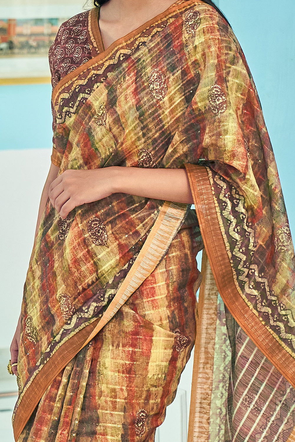 Brown Digital Printed Linen Saree