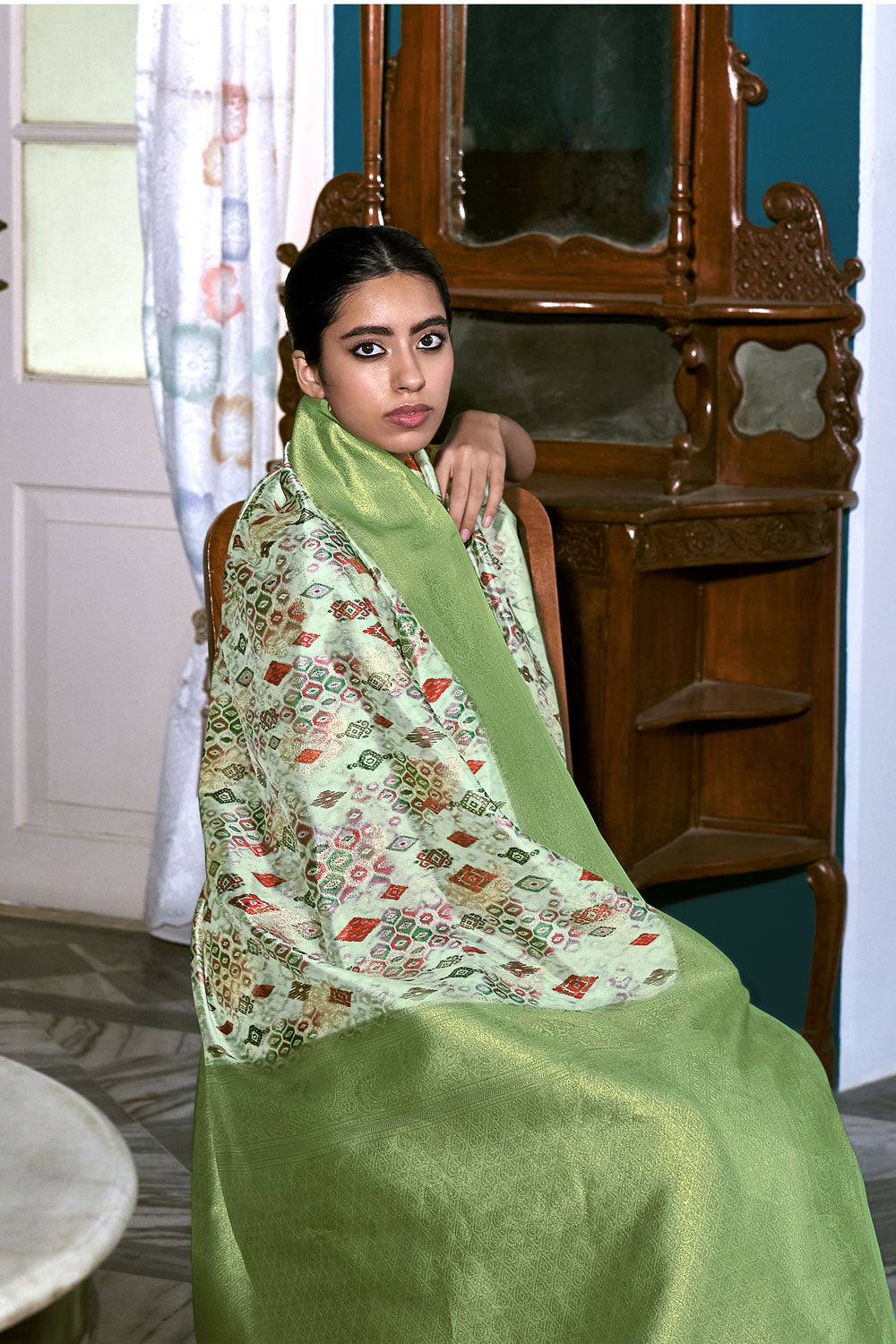 Light Green Woven Digital Printed Lichi Silk Saree