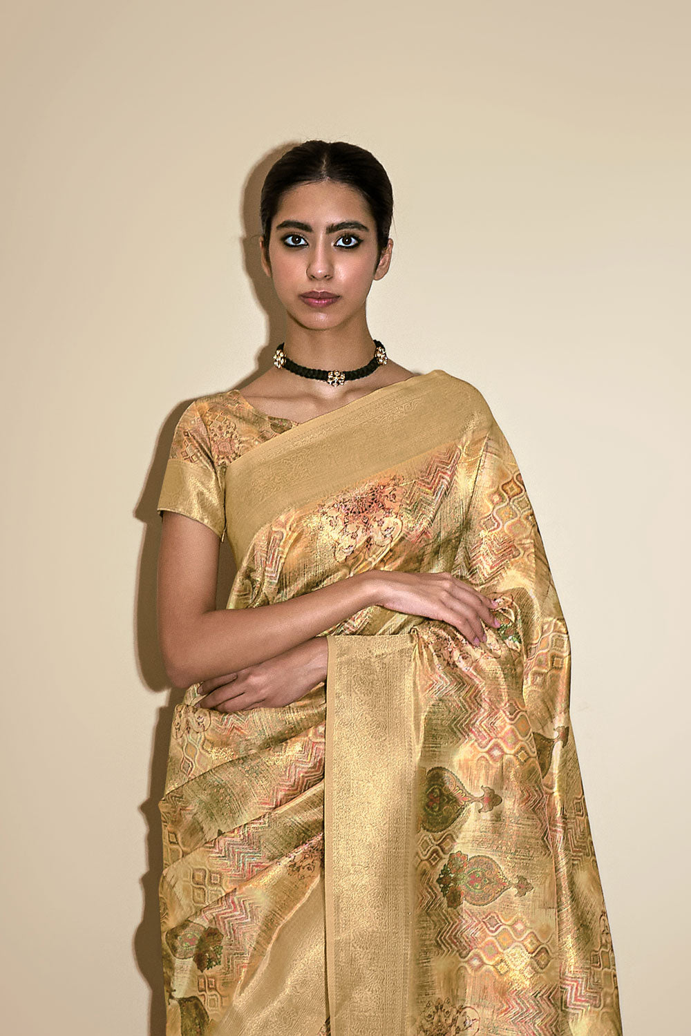 Gold Digital Printed Lichi Silk Saree