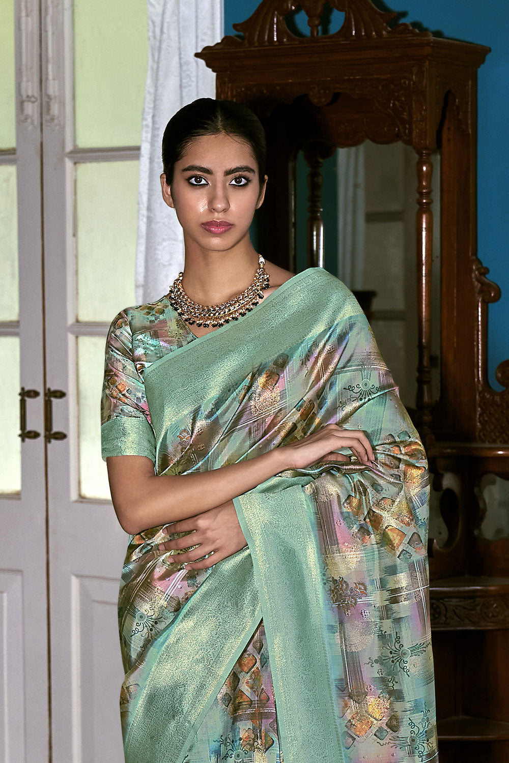 Sea Green Woven Printed Lichi Silk Printed Saree