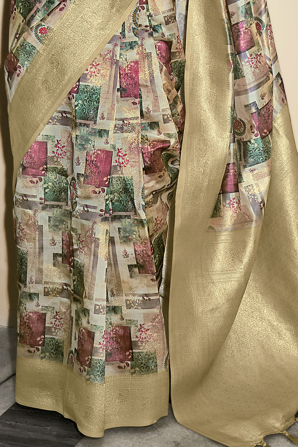 Oat Beige Woven Digital Printed Silk Saree