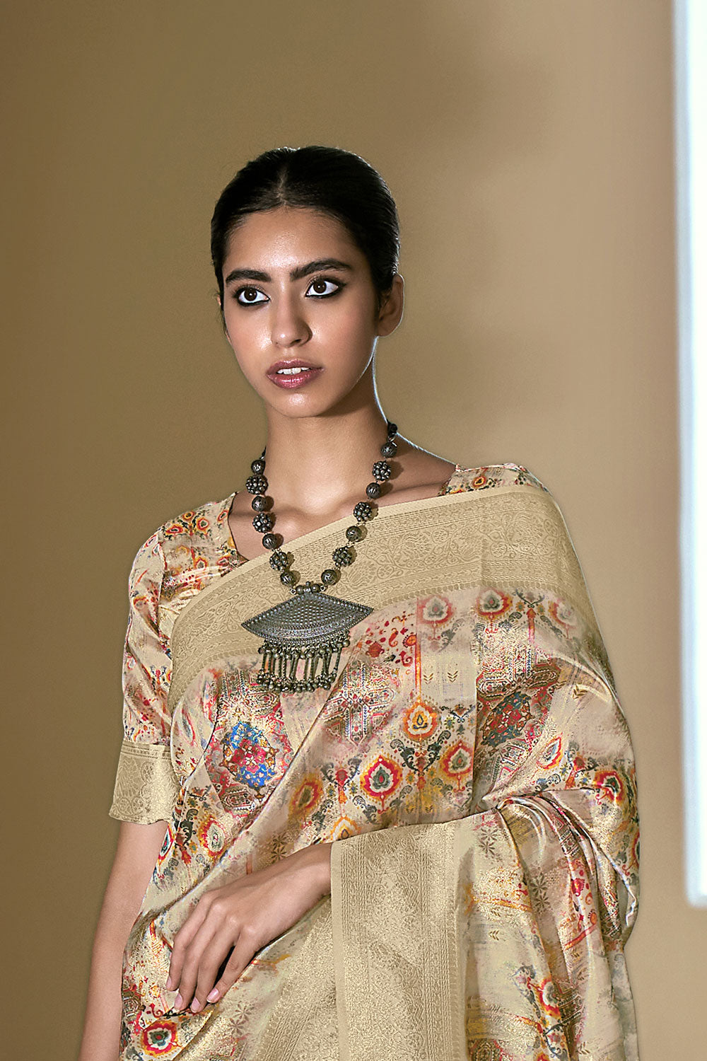 Digital Printed Brown Lichi Silk Saree