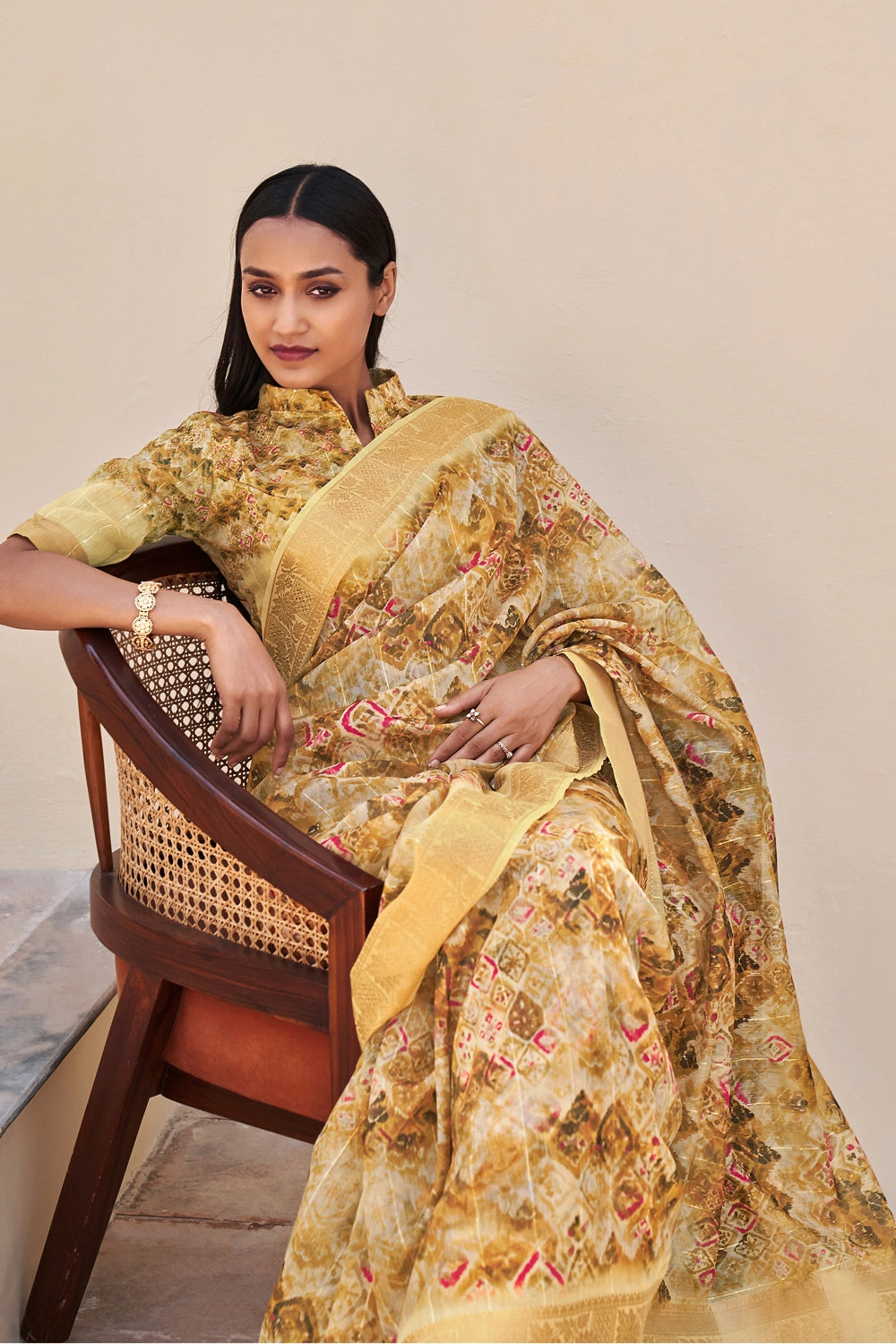 Mustard Linen Blend Sequins Woven Printed Silk Sarees