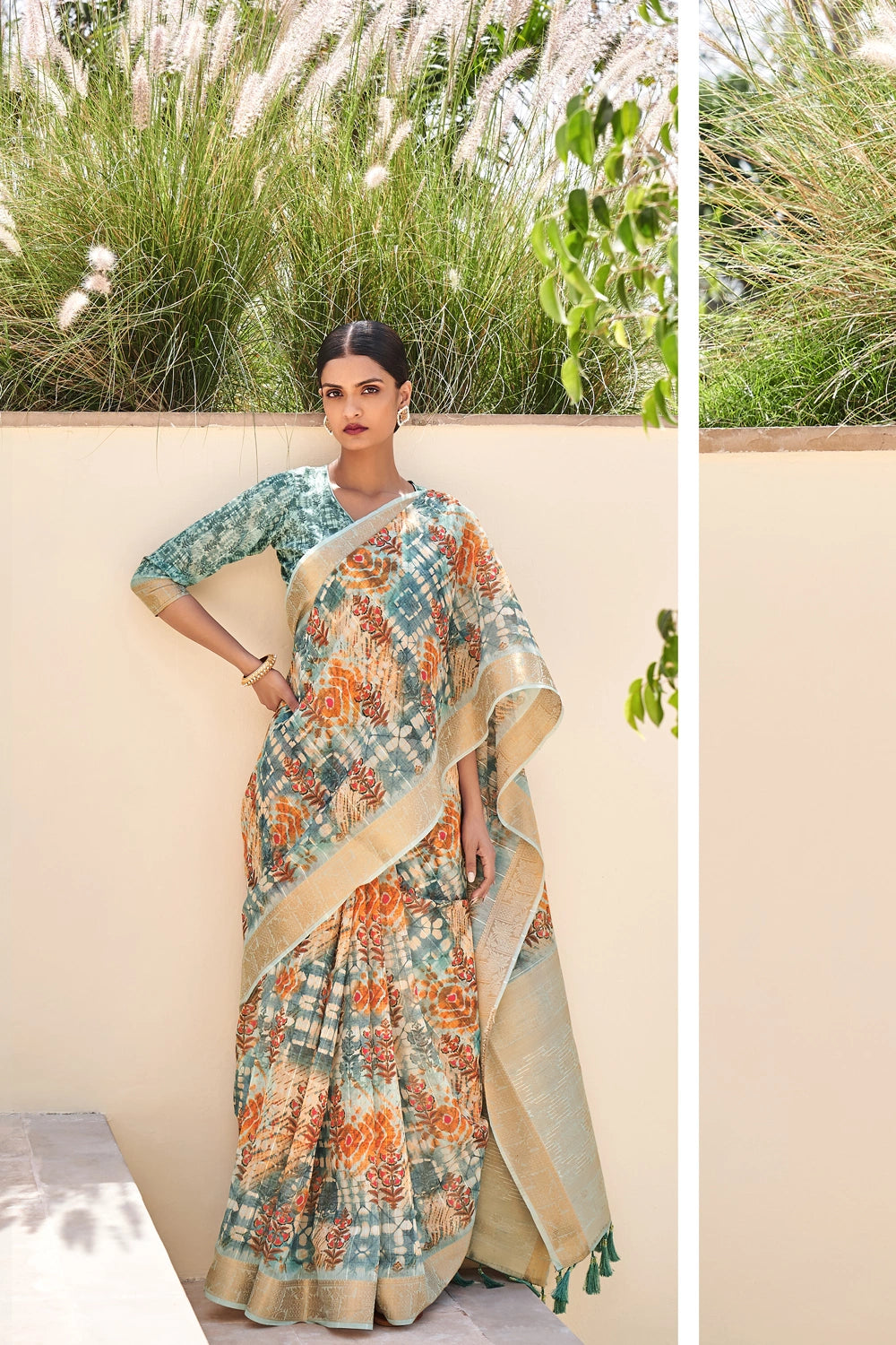 Multi Colored Toned Pure Silk Linen Blend Sequins Woven Printed Sarees