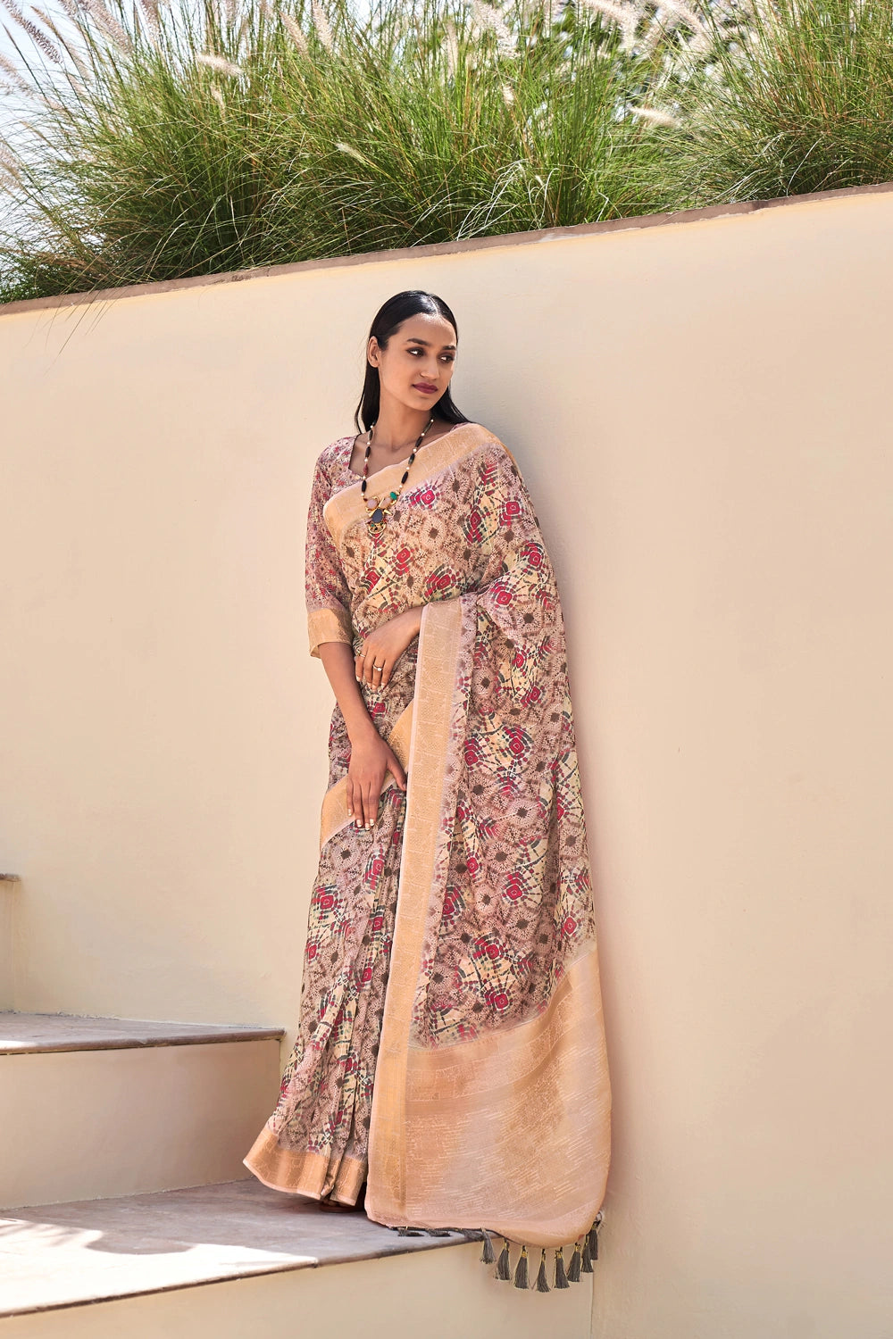 Baby Pink Toned Pure Linen Sequins Woven Printed Ajrakh Silk Sarees