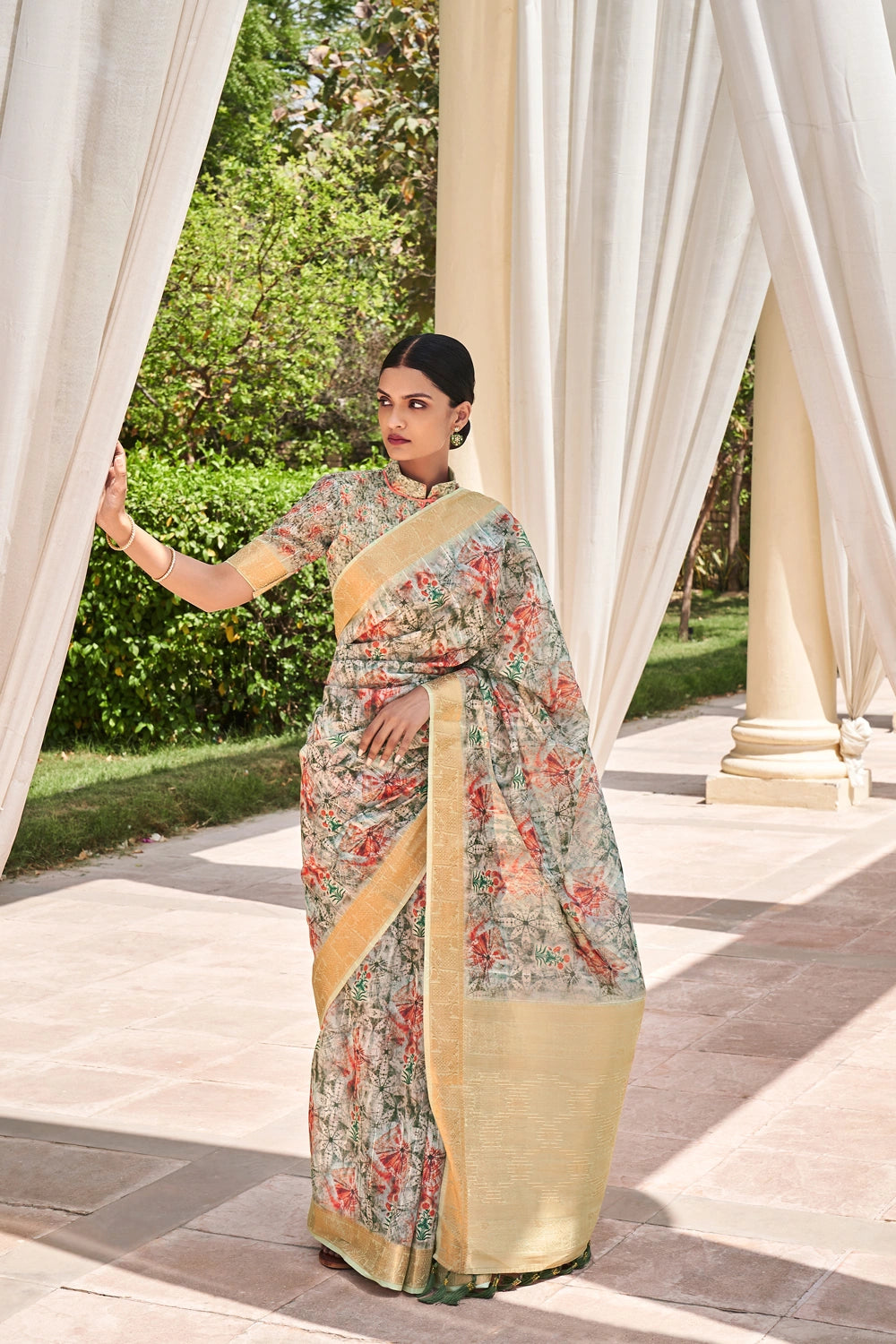 Multi Color Toned Pure Linen Sequins Woven Printed Silk Sarees