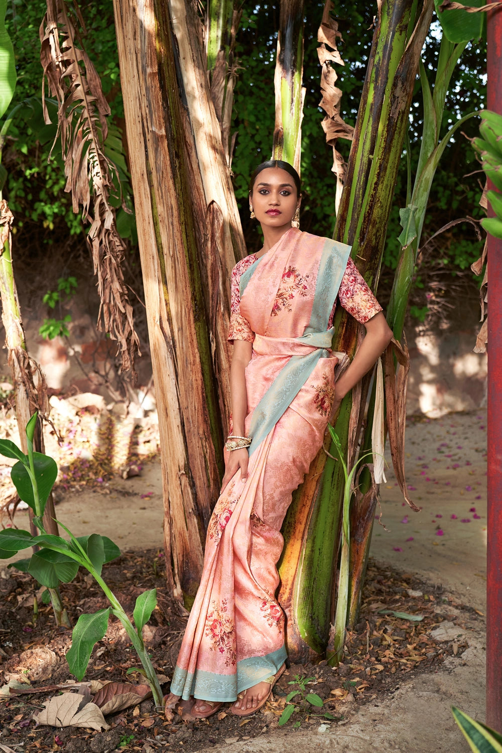 Pink Floral Silk Blend Ethnic Printed Woven Designer Banarasi Silk Saree