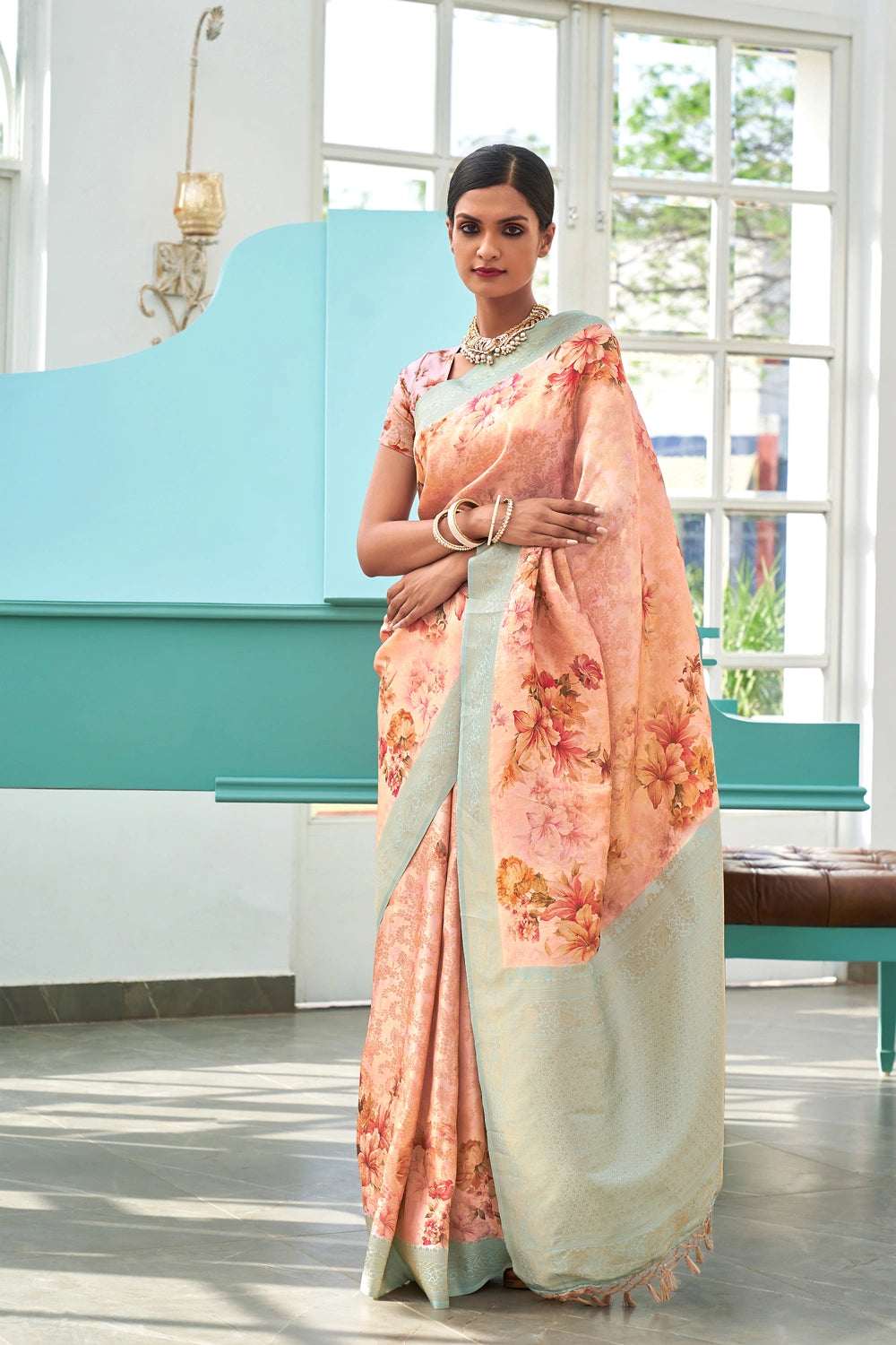 Peach Floral Silk Blend Printed Woven Designer Banarasi Silk Saree
