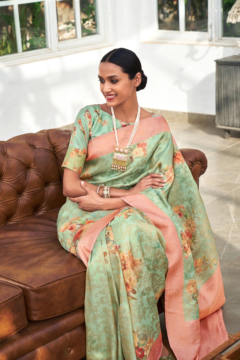 Sea green Silk Blend Printed Woven Designer Banarasi Silk Saree