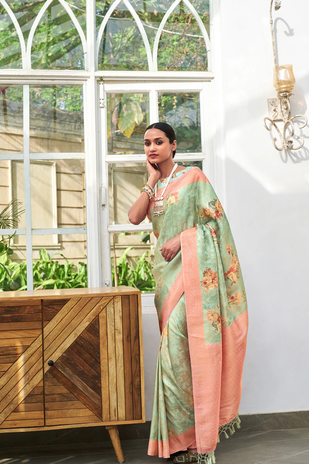Sea green Silk Blend Printed Woven Designer Banarasi Silk Saree