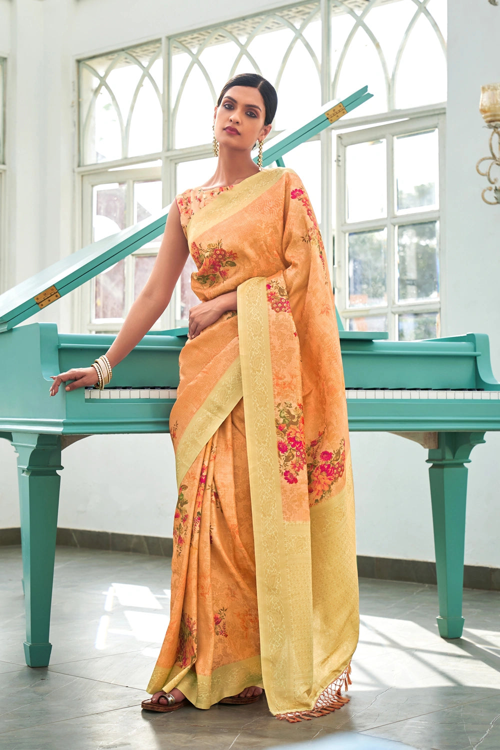 Light Orange Floral Silk Blend Woven Designer Banarasi  Saree