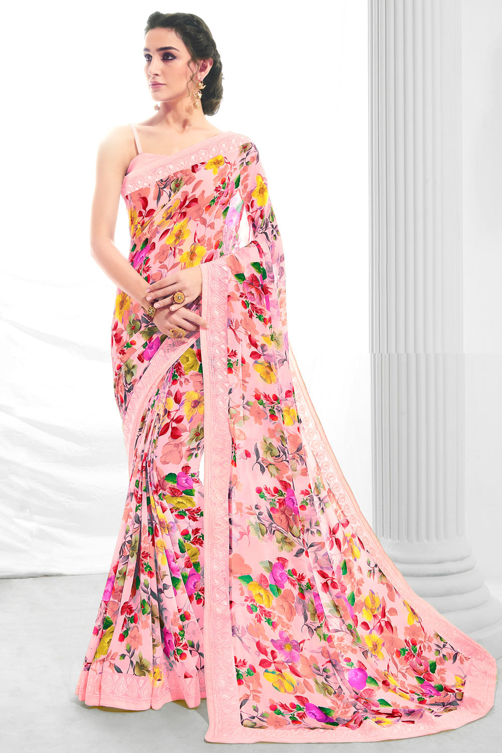 Pink Printed Georgette Saree By Shangrila Designer