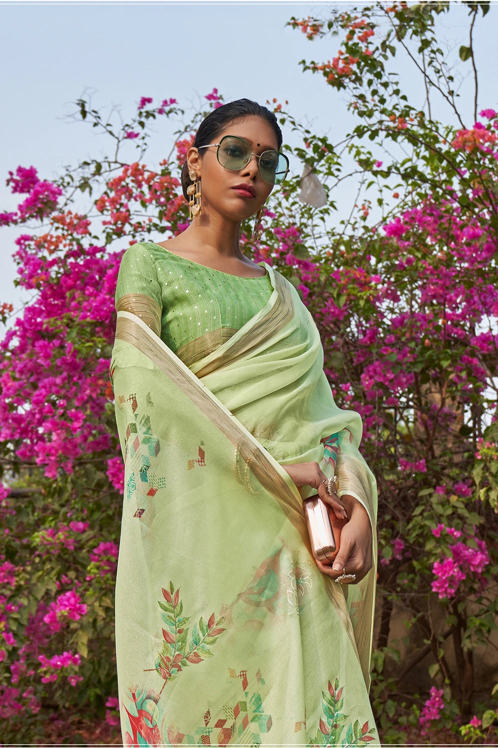 Green Floral Foil Print Organza Silk Saree With Designer Blouse