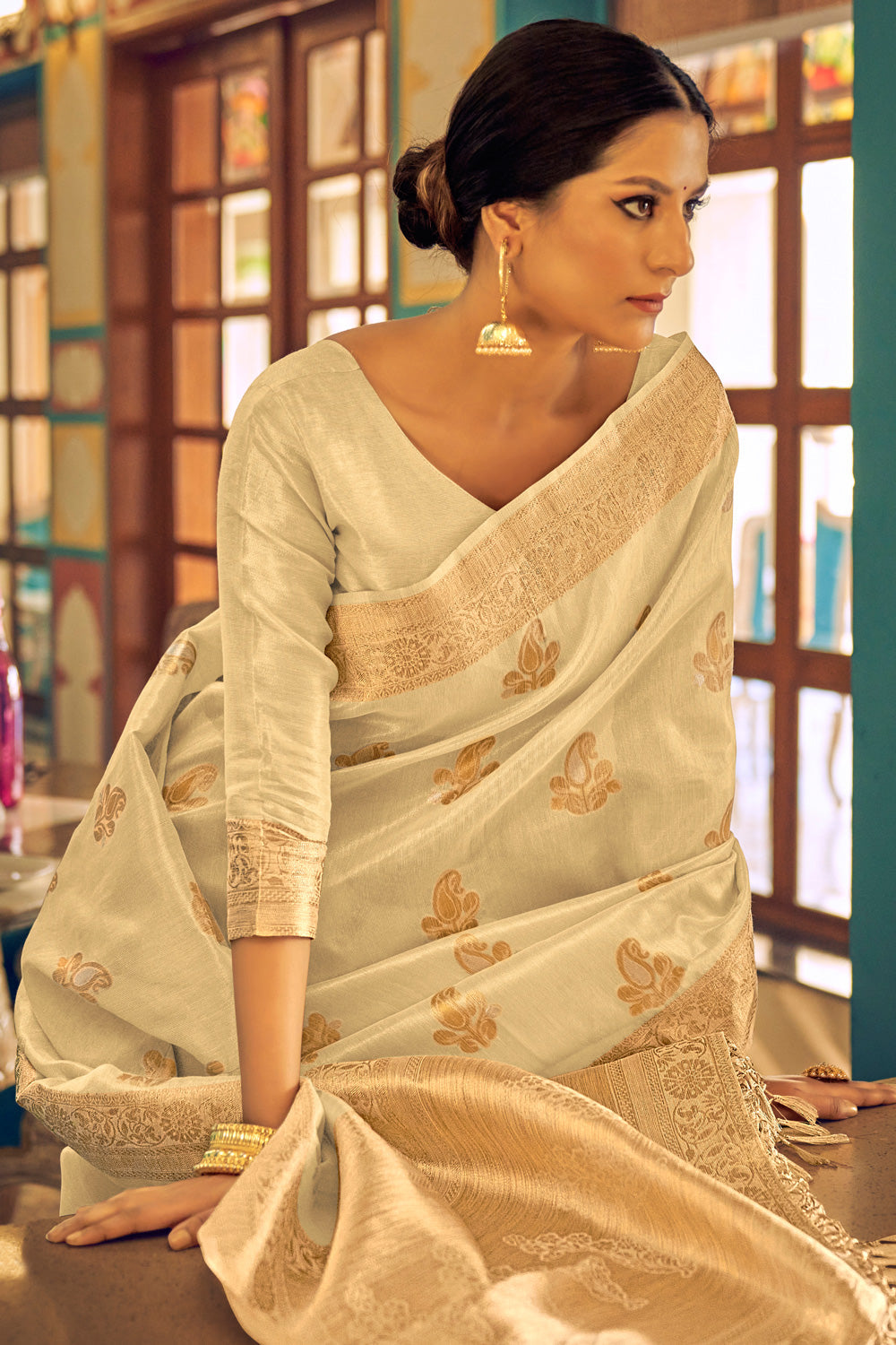 Beige Kasab Work Banarasi Art Silk Saree By Shangrila Designer