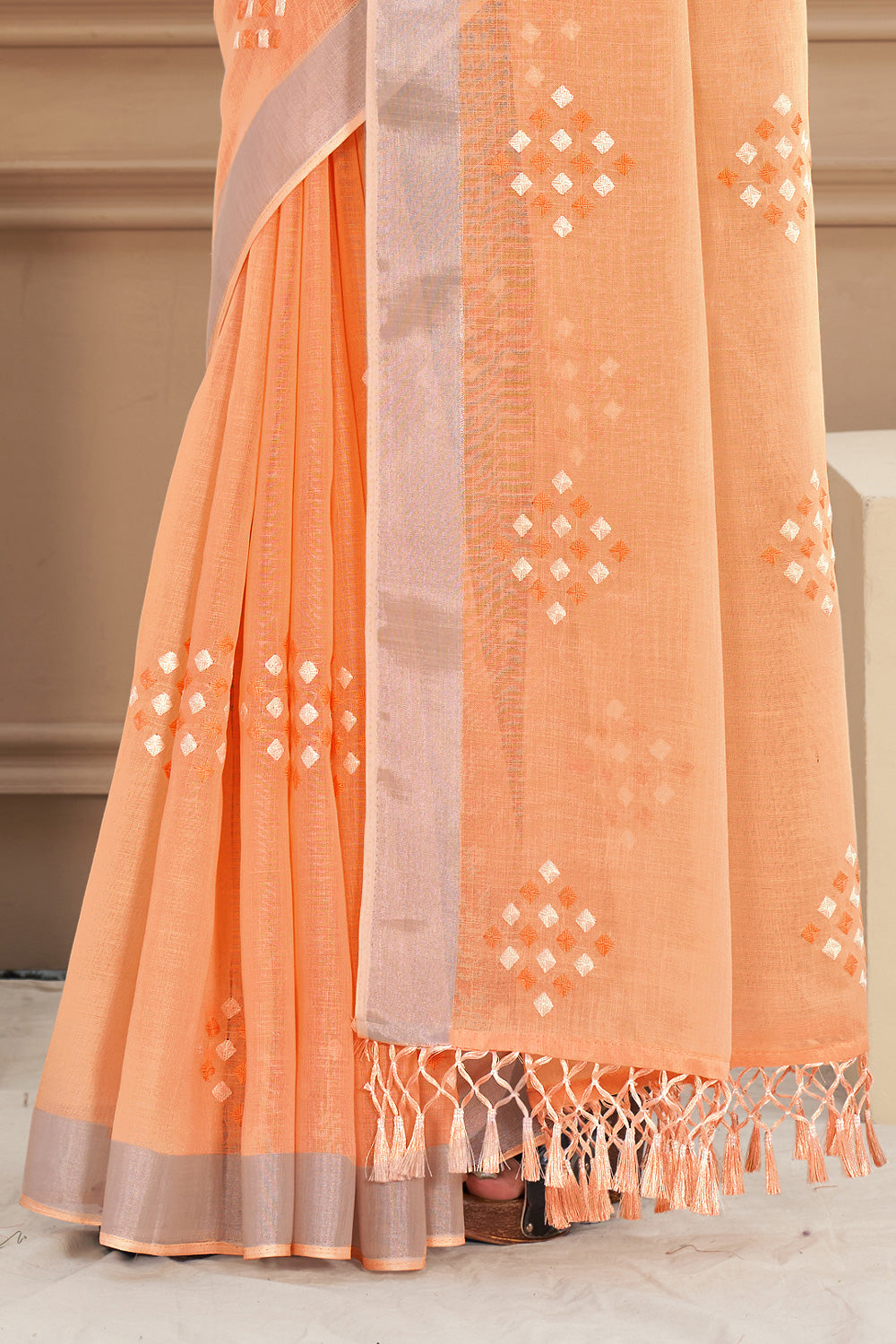 Orange Embroidery Linen Saree