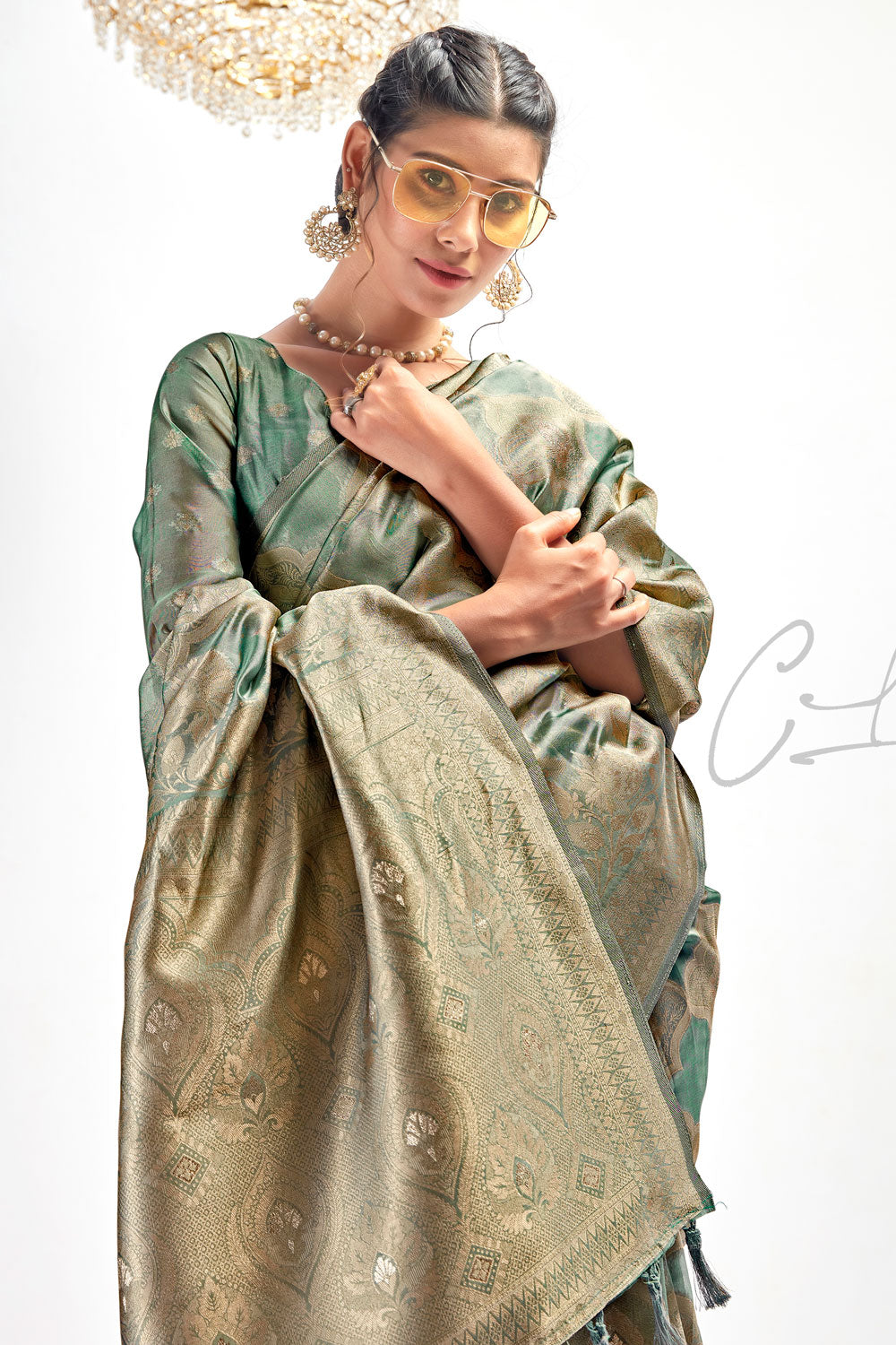 Grey Organza Banarasi Woven Silk Saree