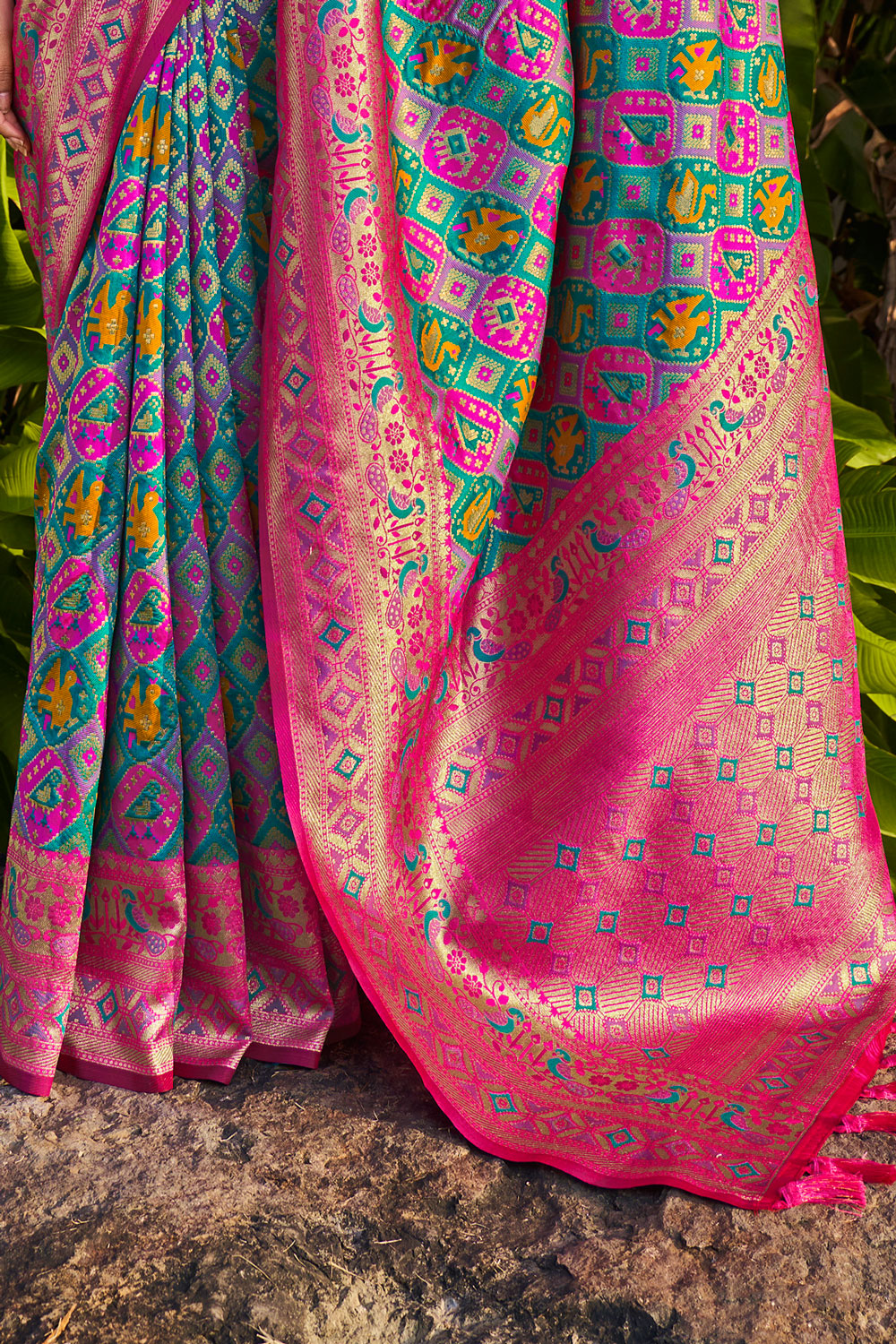 Pink & Blue Soft Patola Silk Saree