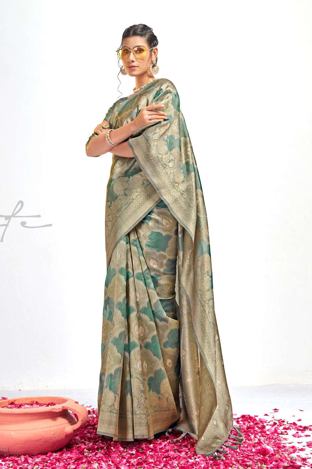 Grey Organza Banarasi Woven Silk Saree