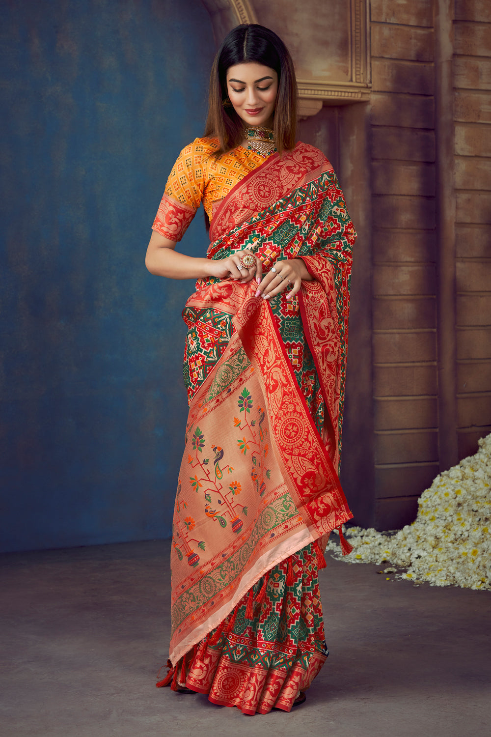 Red Paithani Patola Silk Printed Blend Saree