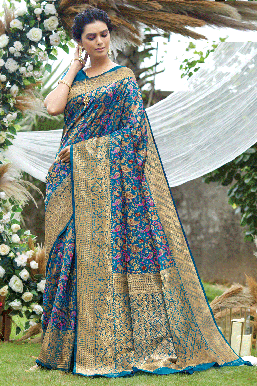 Cobalt Blue Pashmina Woven Silk Saree