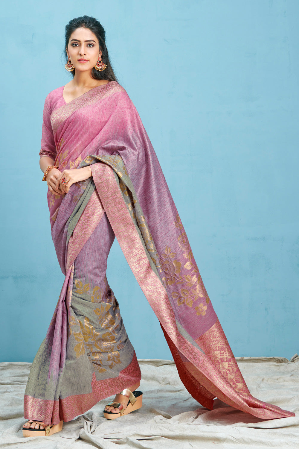 Pink Grey Rasipuram Silk Saree