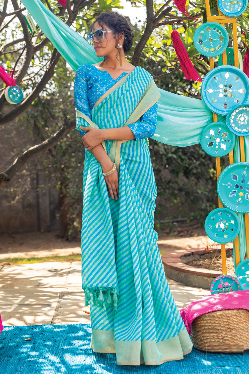 Blue Lehariya Printed Linen Saree