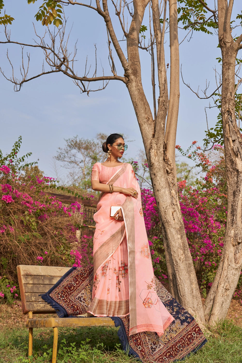 Peach Floral Foil Print Organza Silk Saree With Designer Blouse