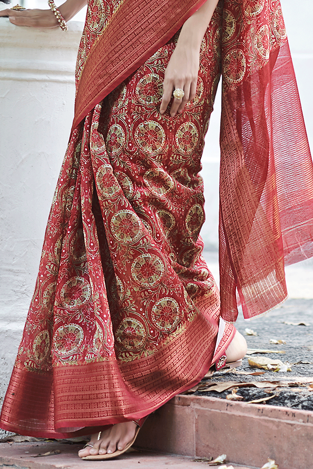 Light Red Digital Printed Linen Saree