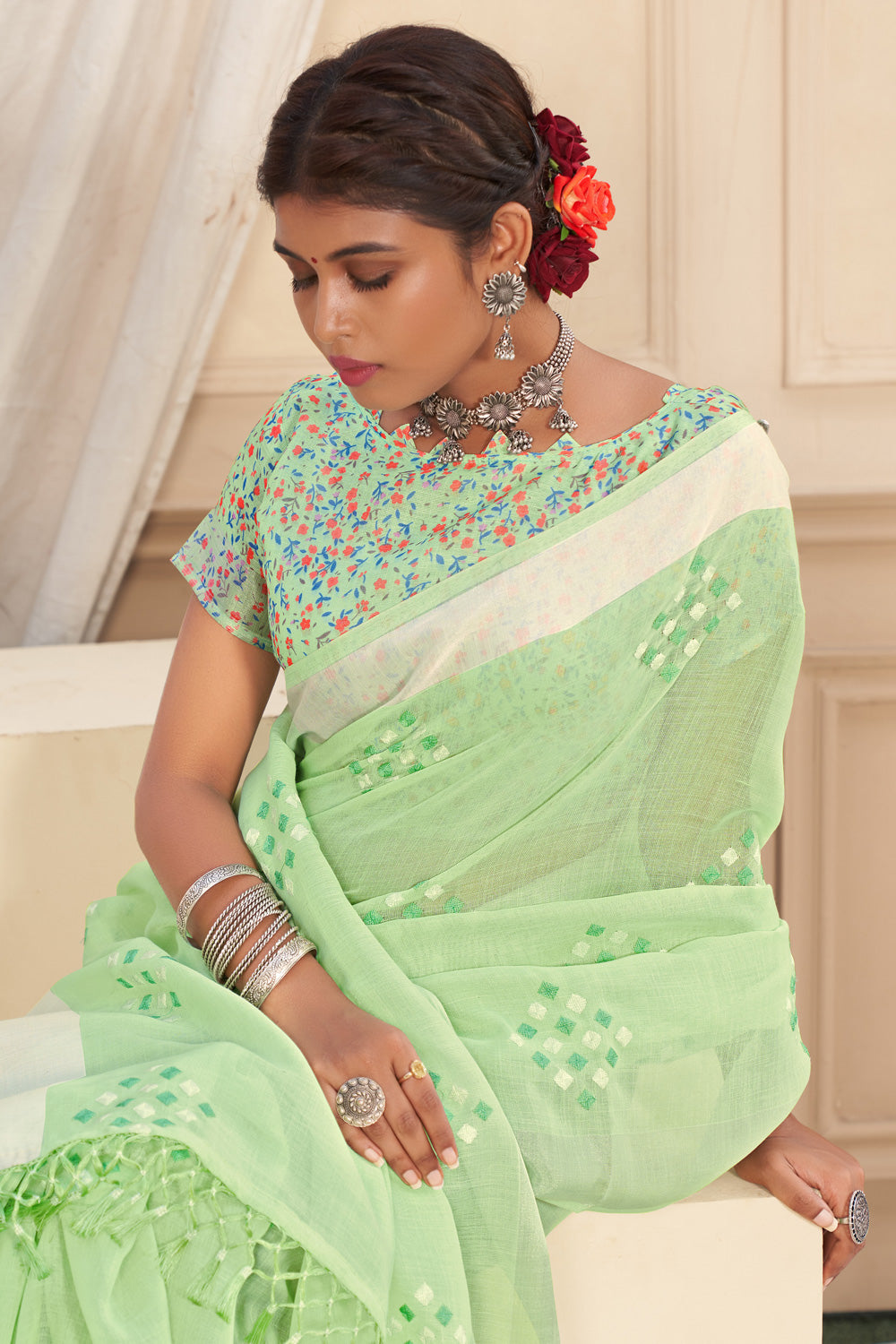 Green Embroidery Linen Saree