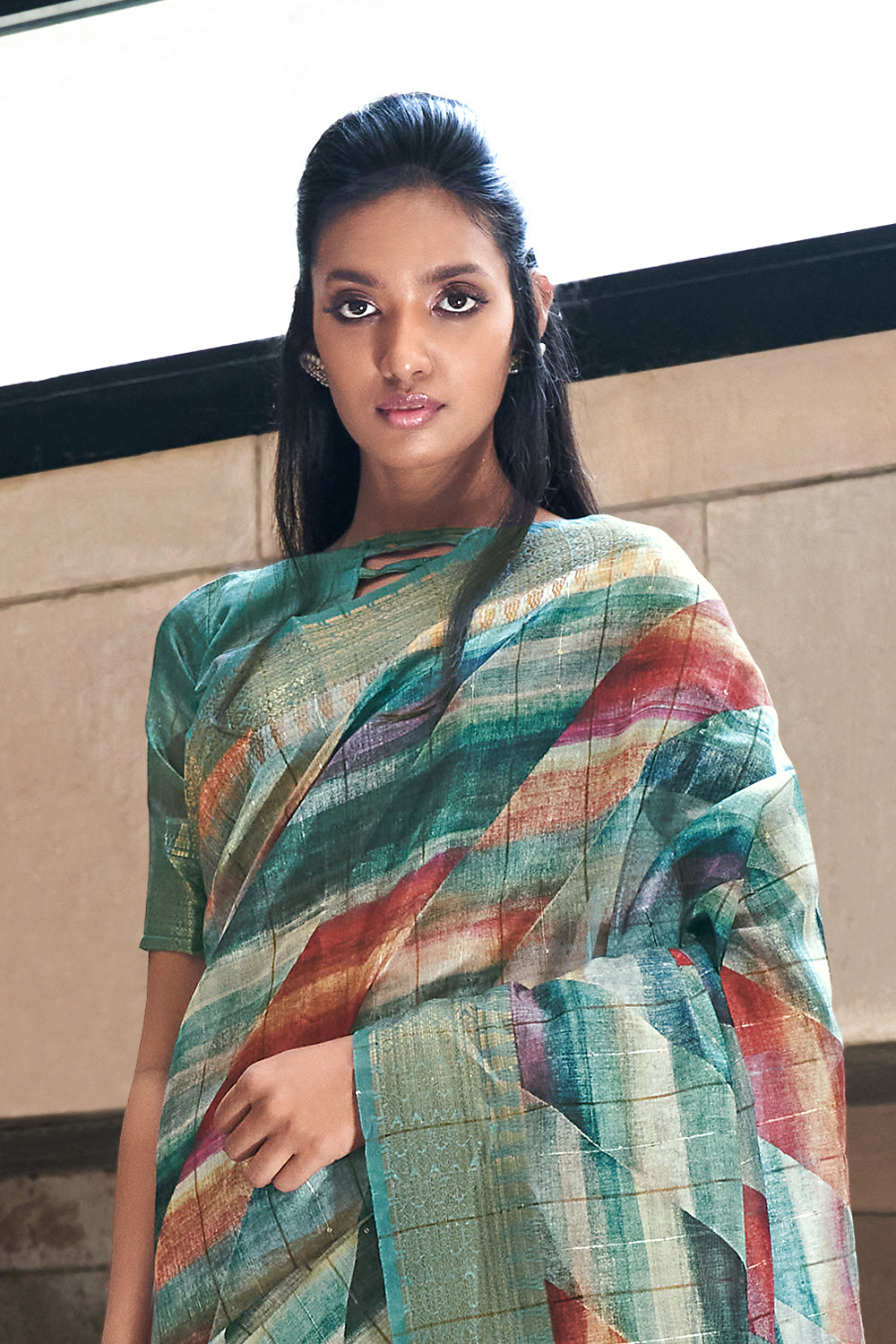 Multicolor Printed Linen Silk Saree By Shangrila