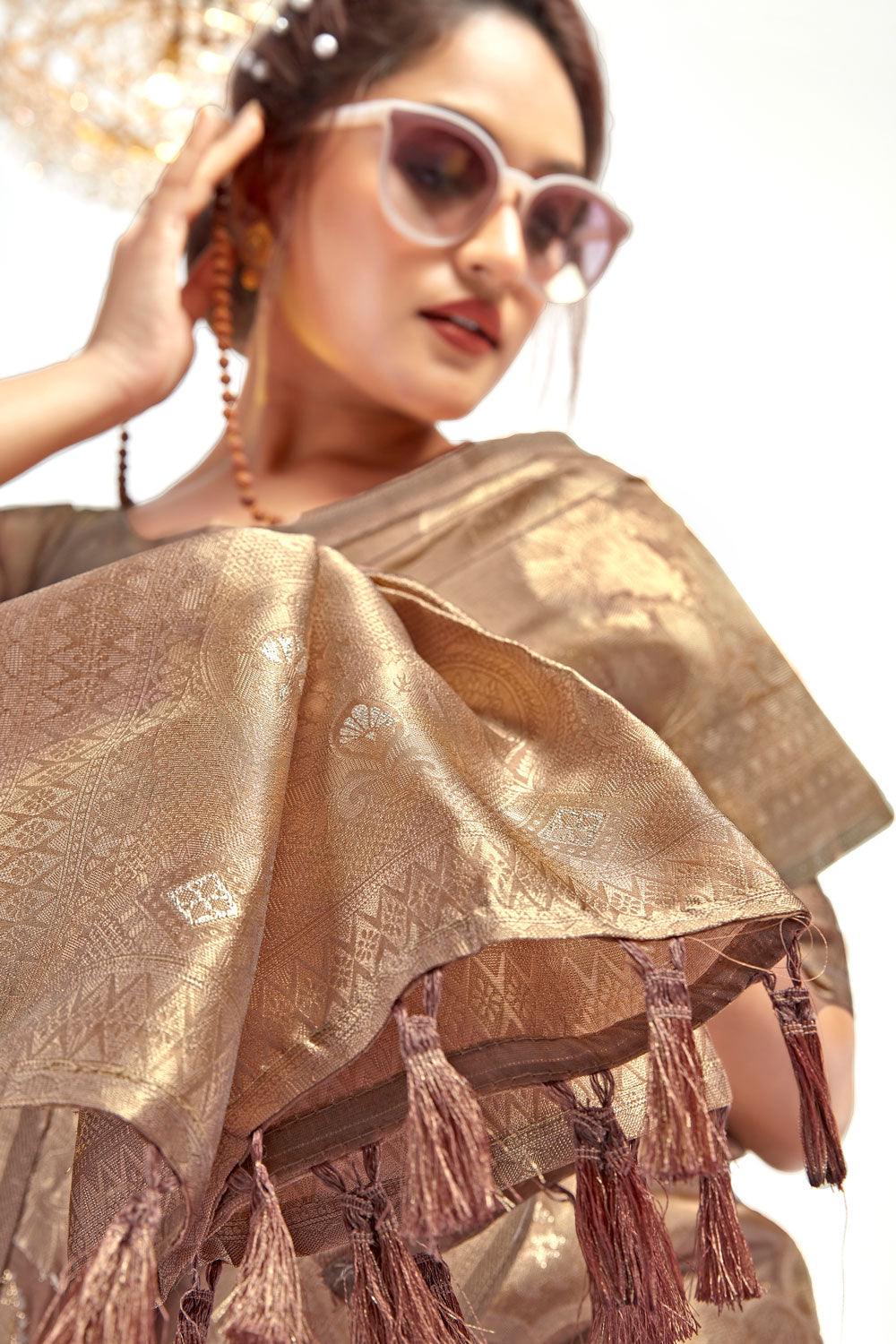 Brown Organza Banarasi Woven Silk Saree