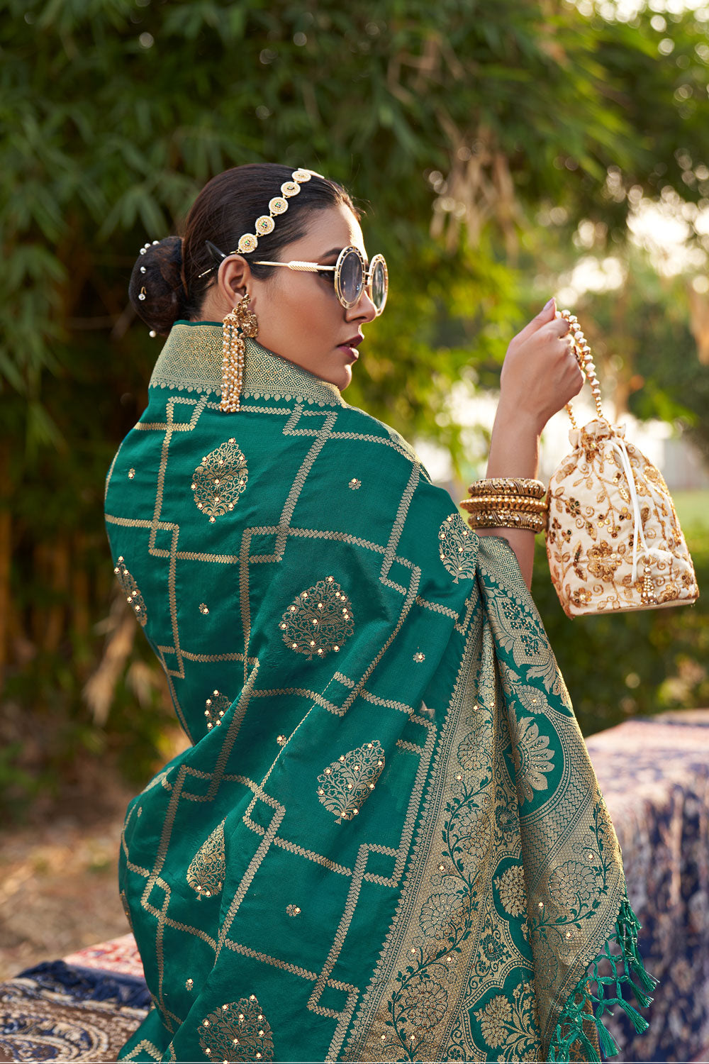 Teal Banarasi Woven Swarovski Silk Saree