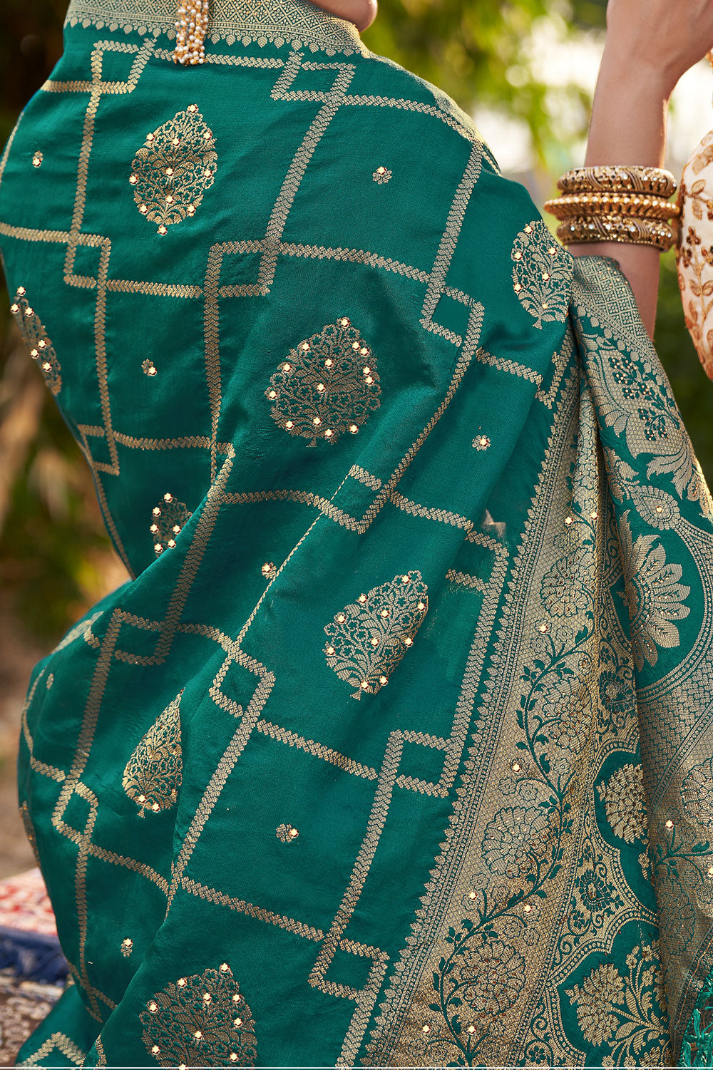 Teal Banarasi Woven Swarovski Silk Saree