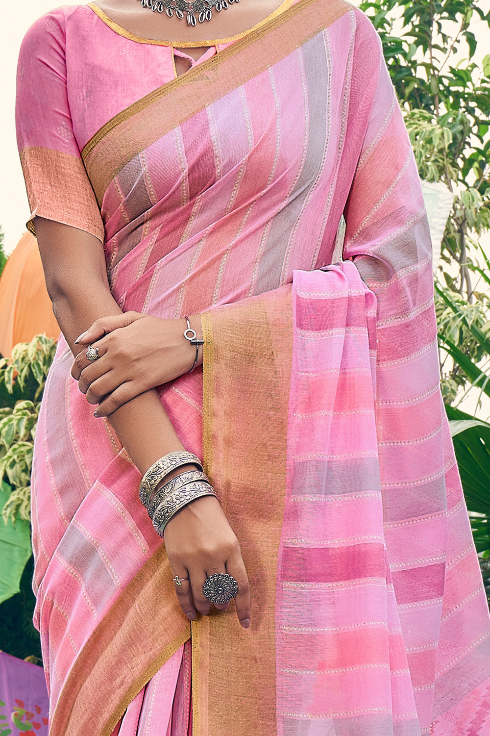 Pink Striped Cotton saree