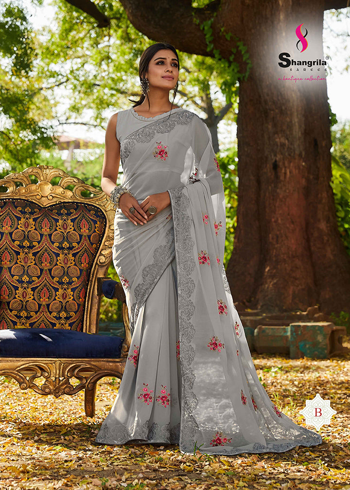 DOLPHIN GREY GEORGETTE SAREE WITH APPLIQUE EMBROIDERY WORK