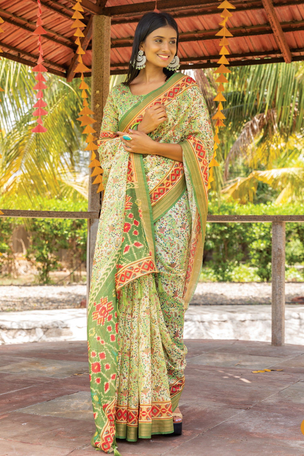 Green Printed Linen Saree