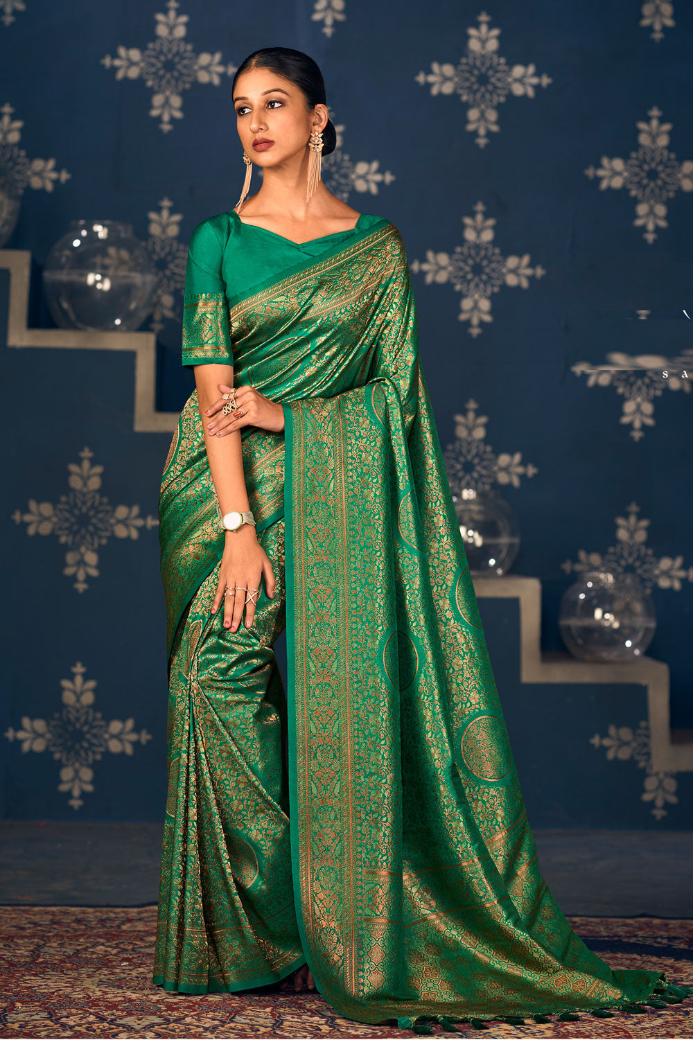 Latest Pure Silk Saree for Wedding Wear | Green Silk Saree Gold Border