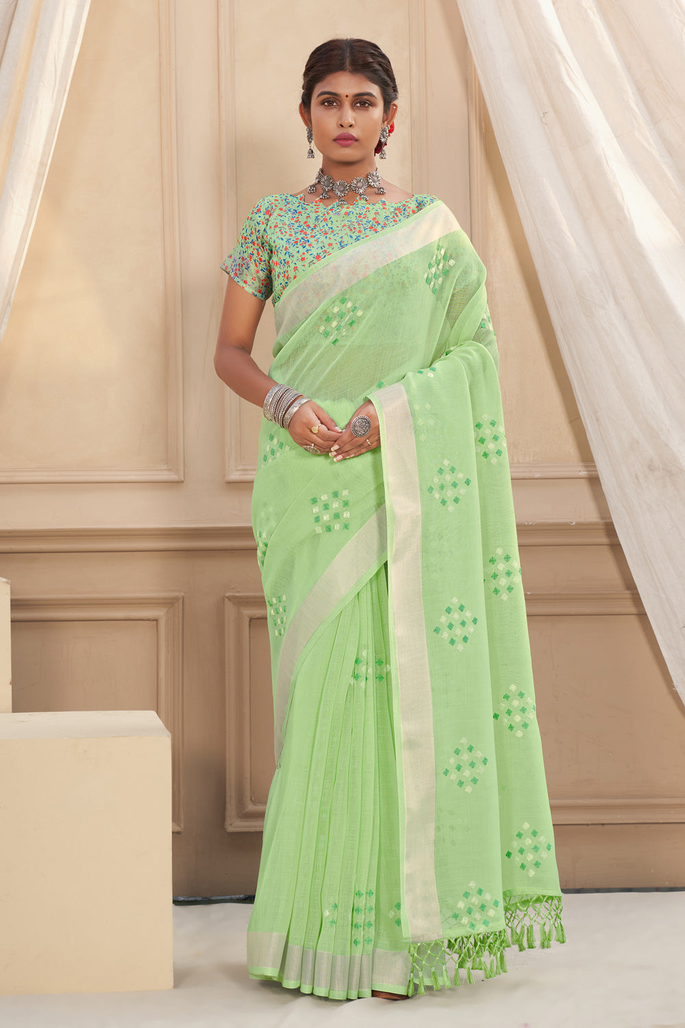 Green Embroidery Linen Saree