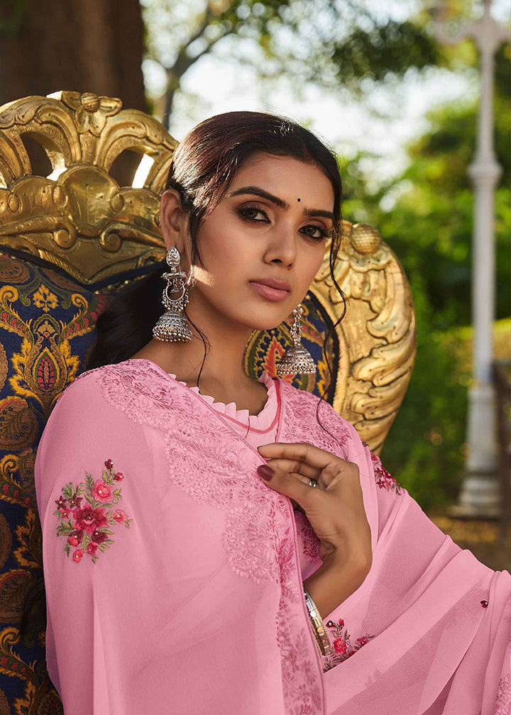 PINK GEORGETTE SAREE WITH APPLIQUE EMBROIDERY WORK