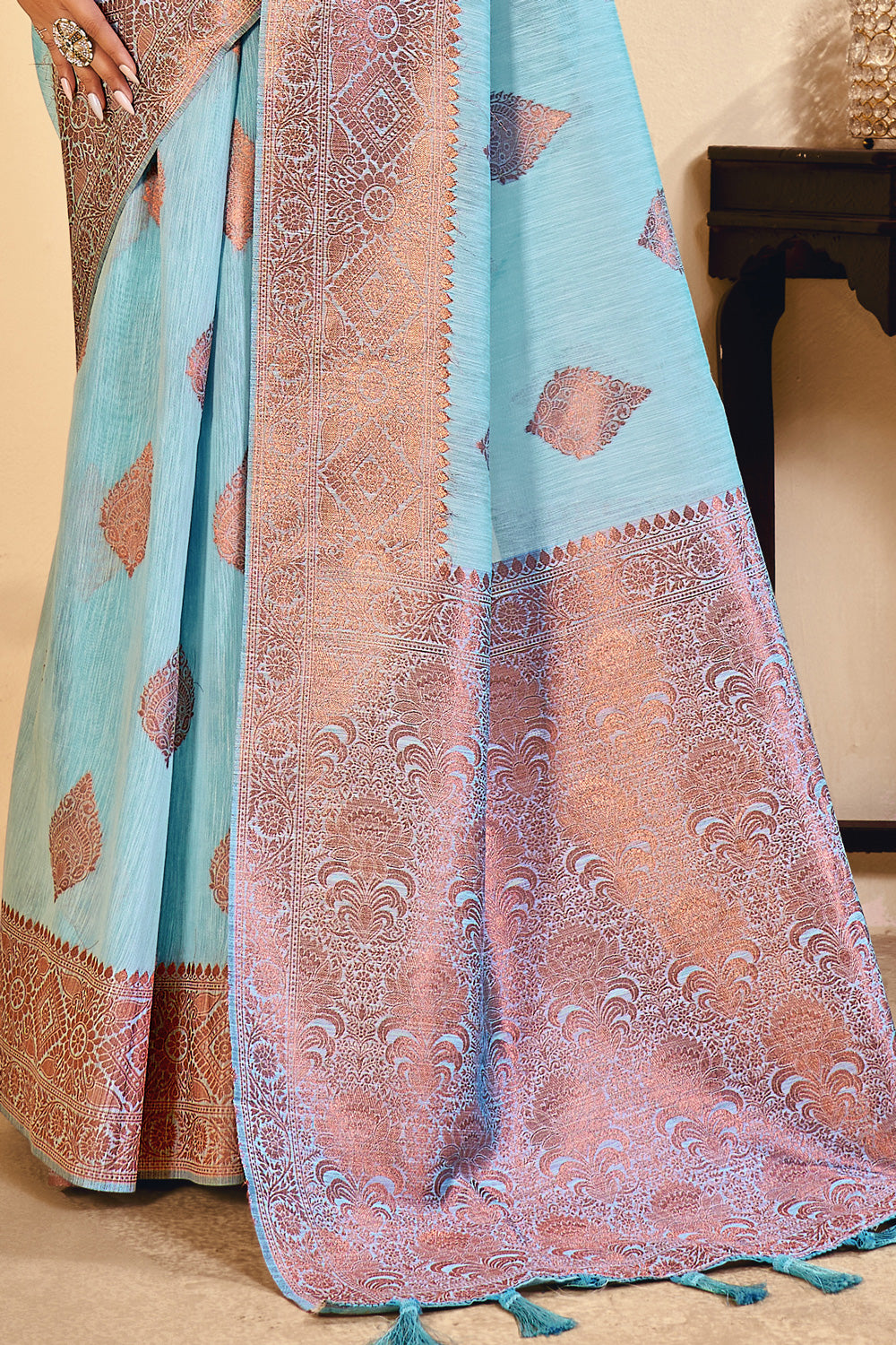 Sky Blue Banarasi Linen Silk Saree with zari work